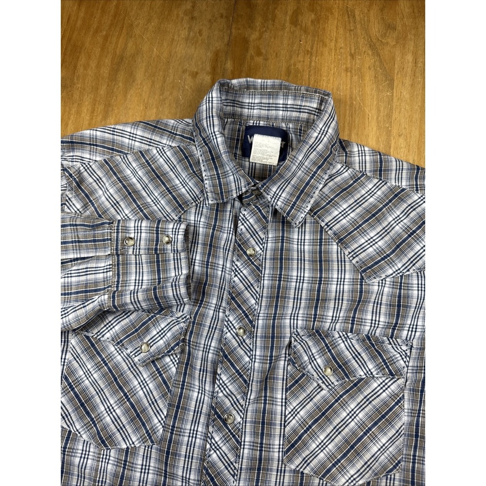 Wrangler Brown Pearl Snap Long‎ Sleeve Shirt Mens M Gray Plaid Western Cowboy